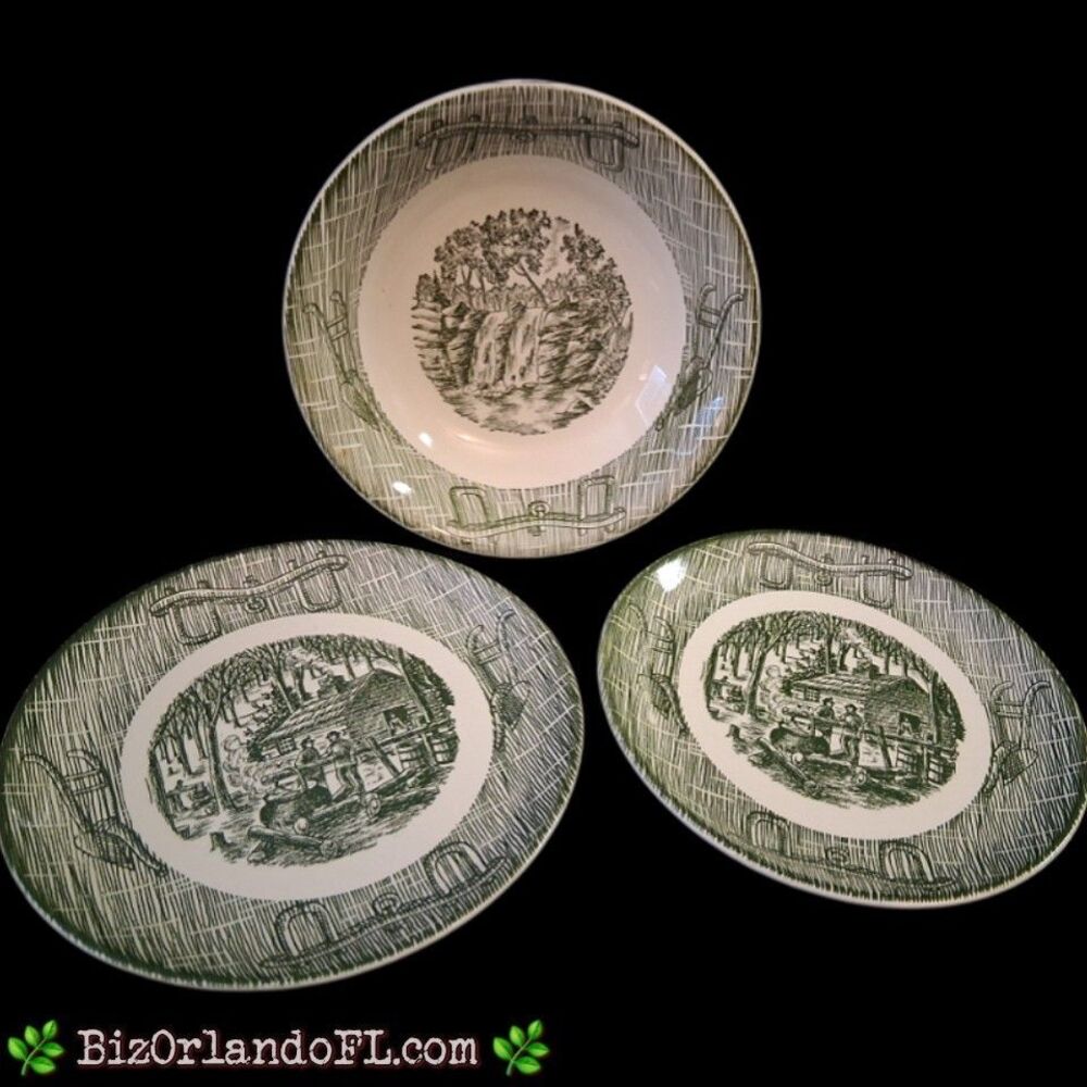 VINTAGE Scio Pottery Co of Ohio Currier & Ives Green Yoke & Plow Bowl & 2 Plates